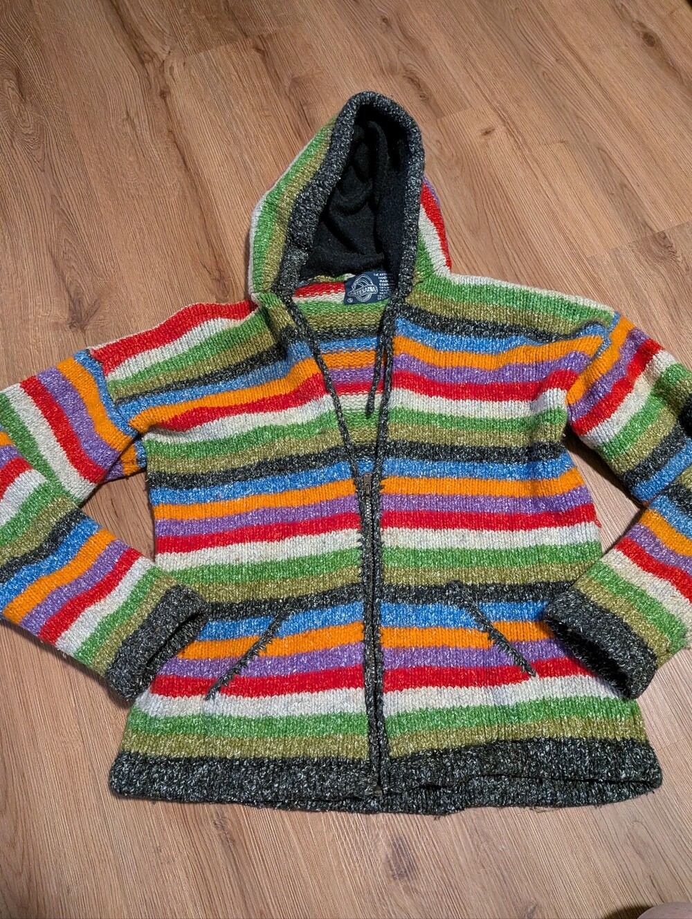 Artesania Wool Blend Rainbow Striped Hooded Sweater Small